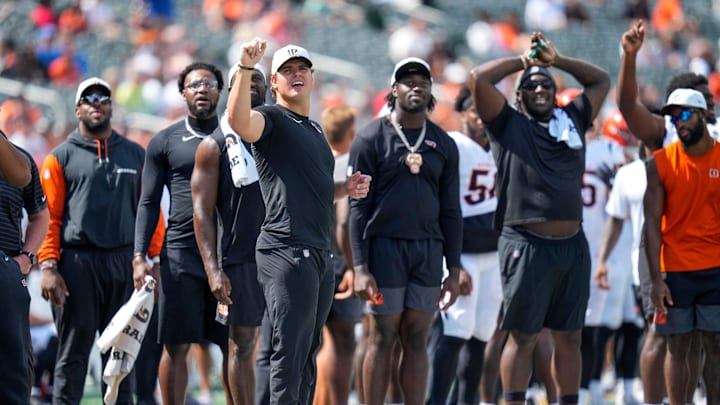 Cincinnati Bengals defensive end Trey Hendrickson (91) watches a replay in the fourth quarter of the NFL Preseason Week 3 game between the Cincinnati Bengals and the Indianapolis Colts at Paycor Stadium in Cincinnati on Saturday, Aug. 23, 2025. The Colts won 41-14. Cincinnati Bengals defensive end Trey Hendrickson (91) watches a replay in the fourth quarter of the NFL Preseason Week 3 game between the Cincinnati Bengals and the Indianapolis Colts at Paycor Stadium in Cincinnati on Saturday, Aug. 23, 2025. The Colts won 41-14.