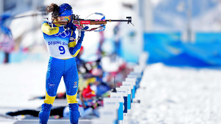 The biathlon combines cross-country skiing with rifle shooting. 