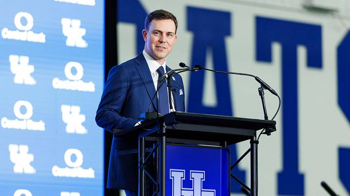 Dec 3, 2025; Lexington, KY, USA; Kentucky Wildcats head football coach Will Stein speaks during his introductory press conference at Nutter Field House. Mandatory Credit: Jordan Prather-Imagn Images