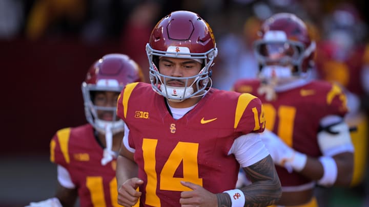 Oct 11, 2025; Los Angeles, California, USA; USC Trojans quarterback Jayden Maiava (14) heads on to the field for the game against the Michigan Wolverines at United Airlines Field at the Los Angeles Memorial Coliseum. Mandatory Credit: Jayne Kamin-Oncea-Imagn Images
