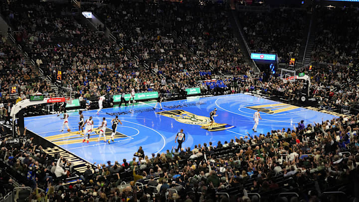 Nov 12, 2024; Milwaukee, Wisconsin, USA;  General view of the court during the first quarter of the game between the Toronto Raptors and Milwaukee Bucks at Fiserv Forum. Mandatory Credit: Jeff Hanisch-Imagn Images
