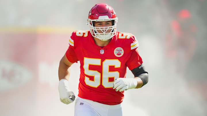 Kansas City Chiefs defensive end George Karlaftis (56) takes the field prior to a game against the Baltimore Ravens at GEHA Field at Arrowhead Stadium. Kansas City Chiefs defensive end George Karlaftis (56) takes the field prior to a game against the Baltimore Ravens at GEHA Field at Arrowhead Stadium.
