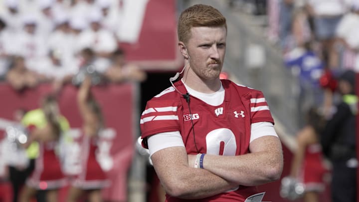 Sep 6, 2025; Madison, Wisconsin, USA; Injured Wisconsin quarterback Billy Edwards Jr. (9) its shown during the second quarter of the game against Middle Tennessee at Camp Randall Stadium. Mandatory Credit: Mark Hoffman/USA Today Network via Imagn Images