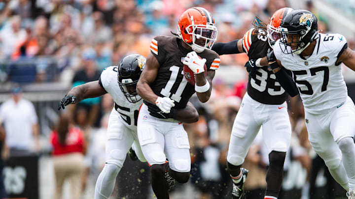 Sep 15, 2024; Jacksonville, Florida, USA; Cleveland Browns wide receiver James Proche II (11) runs back a punt against the Jacksonville Jaguars in the first quarter at EverBank Stadium. Sep 15, 2024; Jacksonville, Florida, USA; Cleveland Browns wide receiver James Proche II (11) runs back a punt against the Jacksonville Jaguars in the first quarter at EverBank Stadium.