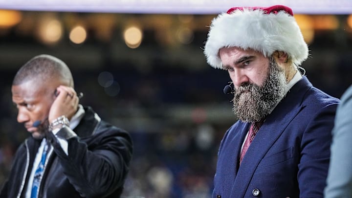 Jason Kelce preps before the Monday Night Football Pregame show on Monday, Dec. 22, 2025, during a game against the San Francisco 49ers at Lucas Oil Stadium in Indianapolis.