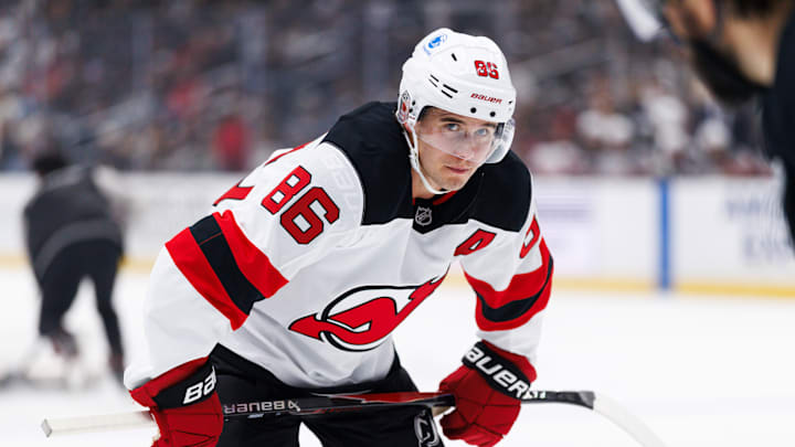 Jack Hughes during a stoppage of play in the Devils 4-1 victory against the Los Angeles Kings on November 1 at Crypto.com Arena. Jack Hughes during a stoppage of play in the Devils 4-1 victory against the Los Angeles Kings on November 1 at Crypto.com Arena.