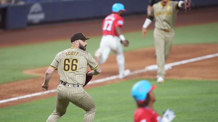 Aug 10, 2024; Miami, Florida, USA; San Diego Padres pitcher Tanner Scott fields a bunt by Miami Marlins outfielder Cristian Pache (20) in the 10th inning at loanDepot Park. Mandatory Credit: Jim Rassol-Imagn Images Aug 10, 2024; Miami, Florida, USA; San Diego Padres pitcher Tanner Scott fields a bunt by Miami Marlins outfielder Cristian Pache (20) in the 10th inning at loanDepot Park. Mandatory Credit: Jim Rassol-Imagn Images
