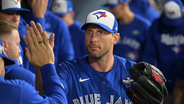 Oct 27, 2025; Los Angeles, California, USA; Toronto Blue Jays pitcher Max Scherzer (31) reacts in the dugout after being relieved in the fifth inning against the Los Angeles Dodgers during game three of the 2025 MLB World Series at Dodger Stadium. Mandatory Credit: Jayne Kamin-Oncea-Imagn Images