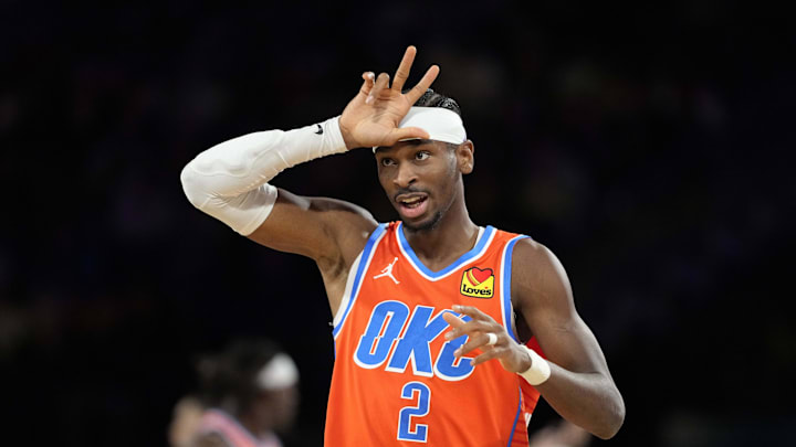 Dec 14, 2024; Las Vegas, Nevada, USA; Oklahoma City Thunder guard Shai Gilgeous-Alexander (2) reacts during the fourth quarter against the Houston Rockets in a semifinal of the 2024 Emirates NBA Cup at T-Mobile Arena. Mandatory Credit: Kyle Terada-Imagn Images Dec 14, 2024; Las Vegas, Nevada, USA; Oklahoma City Thunder guard Shai Gilgeous-Alexander (2) reacts during the fourth quarter against the Houston Rockets in a semifinal of the 2024 Emirates NBA Cup at T-Mobile Arena. Mandatory Credit: Kyle Terada-Imagn Images