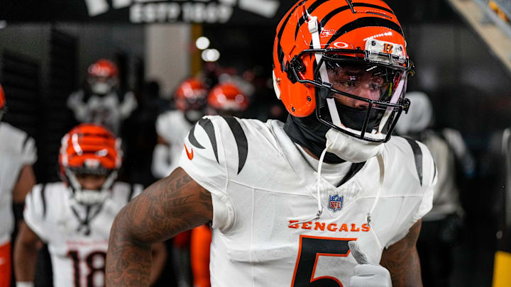 Cincinnati Bengals wide receiver Tee Higgins (5) takes the field for the first quarter of the NFL Week 18 game between the Pittsburgh Steelers and the Cincinnati Bengals at Acrisure Stadium in Pittsburgh on Saturday, Jan. 4, 2025. Cincinnati Bengals wide receiver Tee Higgins (5) takes the field for the first quarter of the NFL Week 18 game between the Pittsburgh Steelers and the Cincinnati Bengals at Acrisure Stadium in Pittsburgh on Saturday, Jan. 4, 2025.
