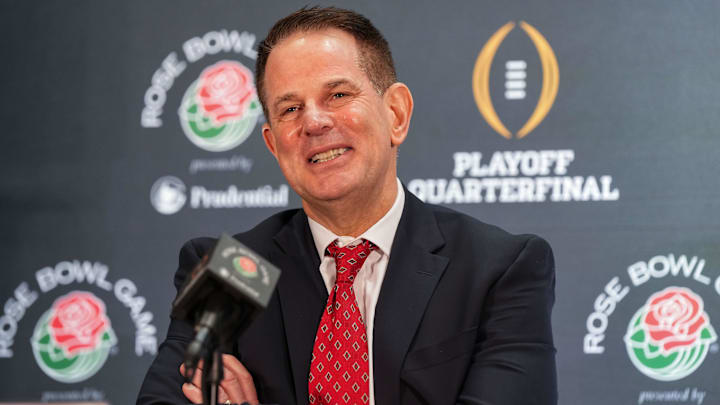 Indiana Hoosiers head coach Curt Cignetti answers questions Wednesday, Dec. 31, 2025, during a coaches press conference ahead of the Rose Bowl at the Sheraton Grand Los Angeles.