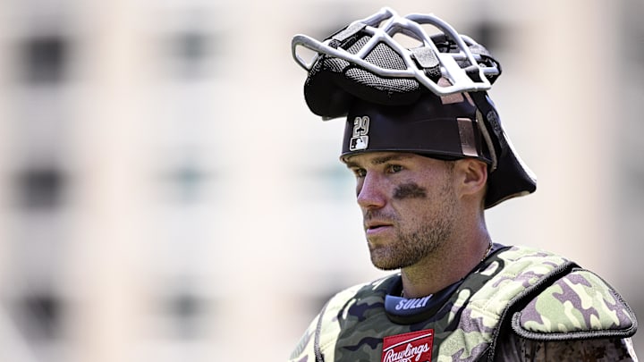 Jun 23, 2024; San Diego, California, USA; San Diego Padres catcher Brett Sullivan (29) looks on before the game against the Milwaukee Brewers at Petco Park. Mandatory Credit: Orlando Ramirez-Imagn Images