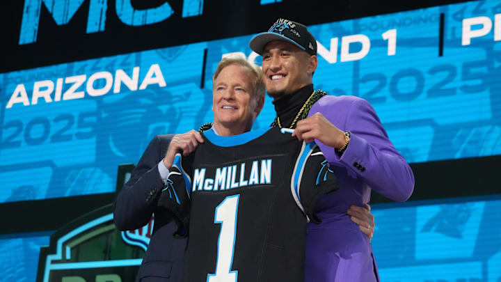 Apr 24, 2025; Green Bay, WI, USA; NFL commissioner Roger Goodell with Arizona Wildcats wide receiver Tetairoa McMillan after he is selected by the Carolina Panthers as the number eight pick  in the first round of the 2025 NFL Draft at Lambeau Field. Mandatory Credit: Kirby Lee-Imagn Images