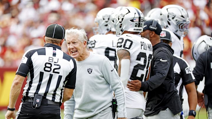 Sep 21, 2025; Landover, Maryland, USA; The Las Vegas Raiders head coach Pete Carroll reacts after a play during the first half against the Washington Commanders at Northwest Stadium. Mandatory Credit: Amber Searls-Imagn Images