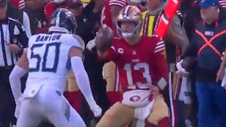 Brock Purdy threw for 295 yards and three touchdowns in the 49ers' win over the Titans on Sunday. 