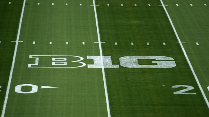 Aug 30, 2025; Los Angeles, California, USA; The Big Ten Conference logo at United Airlines Field at Los Angeles Memorial Coliseum. Mandatory Credit: Kirby Lee-Imagn Images