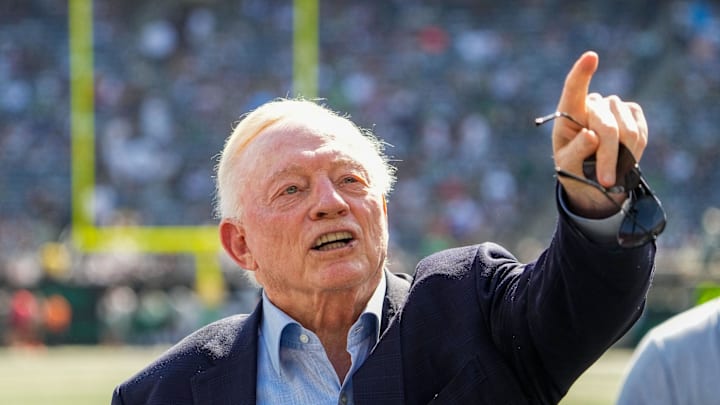 Dallas Cowboys Owner Jerry Jones stands on the field prior to a game against the New York Jets.