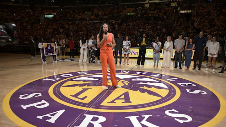Jun 29, 2025; Los Angeles, California, USA; Former Los Angeles Sparks Candace Parker talks to the crowd during a her jersey retirement ceremony at halftime at Crypto.com Arena. Mandatory Credit: Jayne Kamin-Oncea-Imagn Images Jun 29, 2025; Los Angeles, California, USA; Former Los Angeles Sparks Candace Parker talks to the crowd during a her jersey retirement ceremony at halftime at Crypto.com Arena. Mandatory Credit: Jayne Kamin-Oncea-Imagn Images