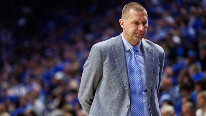 Nov 14, 2025; Lexington, Kentucky, USA; Kentucky Wildcats head coach Mark Pope walks down the sideline during the second half against the Eastern Illinois Panthers at Rupp Arena at Central Bank Center. Mandatory Credit: Jordan Prather-Imagn Images
