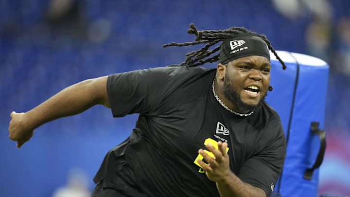 Feb 26, 2026; Indianapolis, IN, USA; Ohio State defensive lineman Kayden McDonald (DL21) during the NFL Scouting Combine  at Lucas Oil Stadium.  