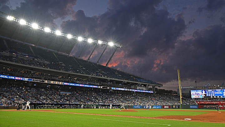 Aug 19, 2025; Kansas City, Missouri, USA; A general view is seen in the seventh inning between the Texas Rangers and the Kansas City Royals at Kauffman Stadium. Mandatory Credit: Peter Aiken-Imagn Images Aug 19, 2025; Kansas City, Missouri, USA; A general view is seen in the seventh inning between the Texas Rangers and the Kansas City Royals at Kauffman Stadium. Mandatory Credit: Peter Aiken-Imagn Images