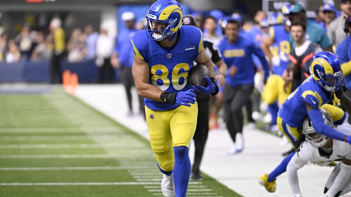Oct 20, 2024; Inglewood, California, USA; Los Angeles Rams tight end Colby Parkinson (86) heads up field after a catch against the Las Vegas Raiders during the first half at SoFi Stadium. Mandatory Credit: Alex Gallardo-Imagn Images Oct 20, 2024; Inglewood, California, USA; Los Angeles Rams tight end Colby Parkinson (86) heads up field after a catch against the Las Vegas Raiders during the first half at SoFi Stadium. Mandatory Credit: Alex Gallardo-Imagn Images