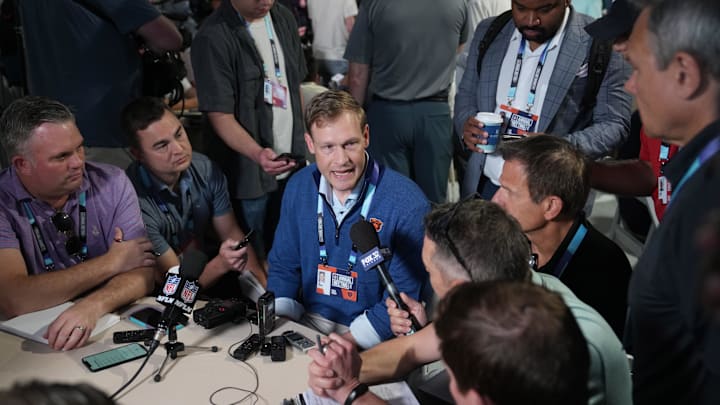 Apr 1, 2025; Palm Beach, FL, USA;  Chicago Bears head coach Ben Johnson answers questions from the media during the NFL Annual League Meeting at The Breakers. Mandatory Credit: Jim Rassol-Imagn Images