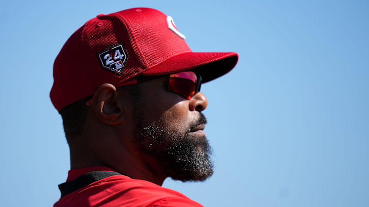 Cincinnati Reds special assistant Barry Larkin observes infield drills during spring training workouts, Wednesday, Feb. 14, 2024, at the team   s spring training facility in Goodyear, Ariz.