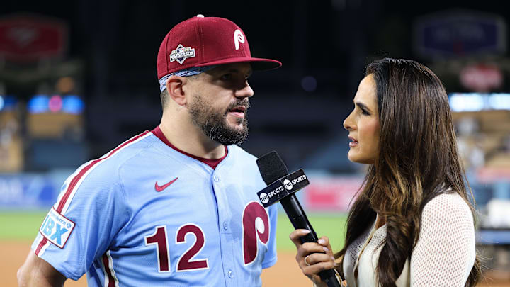 Oct 8, 2025; Los Angeles, California, USA; Philadelphia Phillies designated hitter Kyle Schwarber (12) speaks to the media after the game against the Los Angeles Dodgers during game three of the NLDS round for the 2025 MLB playoffs at Dodger Stadium. Mandatory Credit: Kiyoshi Mio-Imagn Images Oct 8, 2025; Los Angeles, California, USA; Philadelphia Phillies designated hitter Kyle Schwarber (12) speaks to the media after the game against the Los Angeles Dodgers during game three of the NLDS round for the 2025 MLB playoffs at Dodger Stadium. Mandatory Credit: Kiyoshi Mio-Imagn Images
