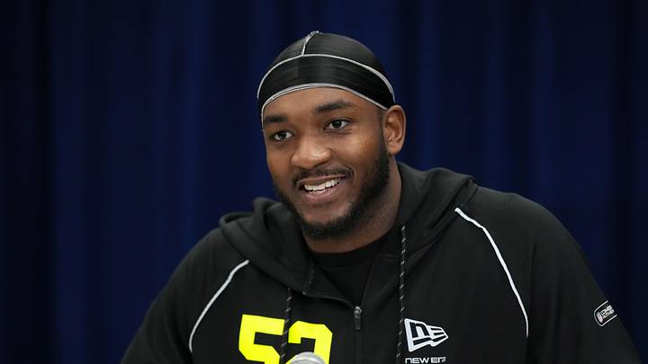 Feb 25, 2026; Indianapolis, IN, USA; Michigan defensive lineman Derrick Moore (DL52) speaks during the NFL Scouting Combine at the Indiana Convention Center. Mandatory Credit: Kirby Lee-Imagn Images