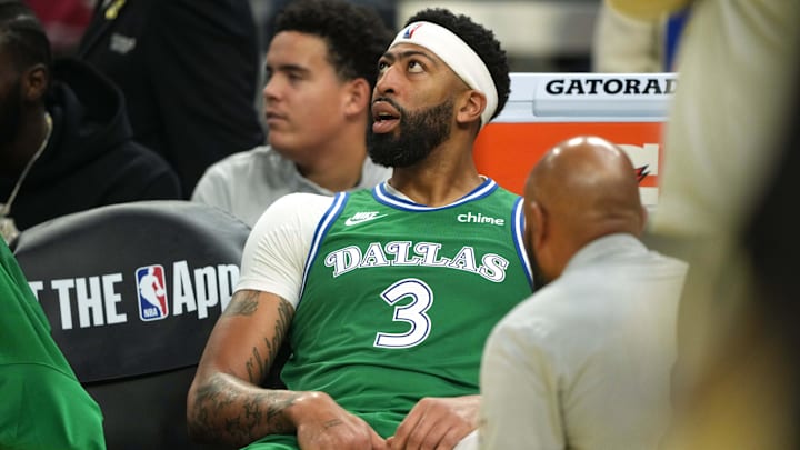 Dec 25, 2025; San Francisco, California, USA; Dallas Mavericks forward Anthony Davis (3) sits on the bench after suffering an injury during the second quarter against the Golden State Warriors at Chase Center. Mandatory Credit: Darren Yamashita-Imagn Images