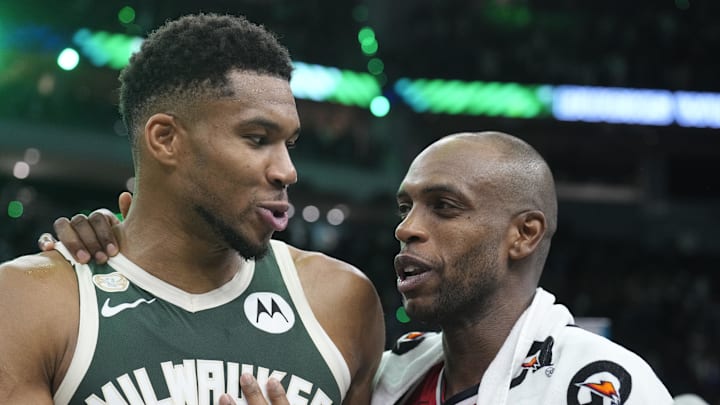 Oct 22, 2025; Milwaukee, Wisconsin, USA; Milwaukee Bucks forward Giannis Antetokounmpo (34) and Washington Wizards forward Khris Middleton (22) former teammates talk to each other after their game at Fiserv Forum. Mandatory Credit: Michael McLoone-Imagn Images Oct 22, 2025; Milwaukee, Wisconsin, USA; Milwaukee Bucks forward Giannis Antetokounmpo (34) and Washington Wizards forward Khris Middleton (22) former teammates talk to each other after their game at Fiserv Forum. Mandatory Credit: Michael McLoone-Imagn Images