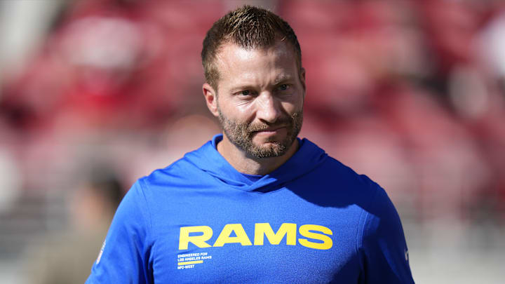 Nov 9, 2025; Santa Clara, California, USA; Los Angeles Rams head coach Sean McVay walks on the field prior to the game against the San Francisco 49ers at Levi's Stadium. Mandatory Credit: Kyle Terada-Imagn Images