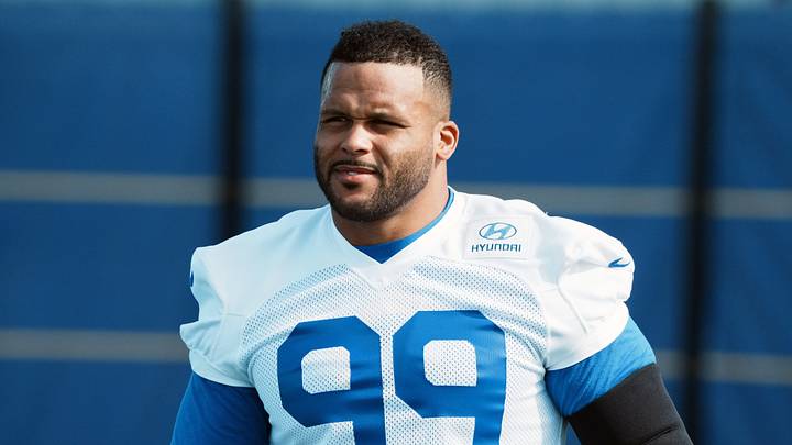 Aug 30, 2026; Woodland Hills, CA, USA; Los Angeles Rams defensive end Aaron Donald (99) at practice at the Rams Practice Facility. Mandatory Credit: Kirby Lee-Imagn Images Aug 30, 2026; Woodland Hills, CA, USA; Los Angeles Rams defensive end Aaron Donald (99) at practice at the Rams Practice Facility. Mandatory Credit: Kirby Lee-Imagn Images