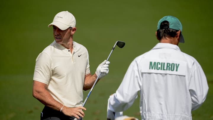 Apr 10, 2024; Augusta, Georgia, USA; Rory McIlroy hits balls on the driving range during a practice session on Wednesday.