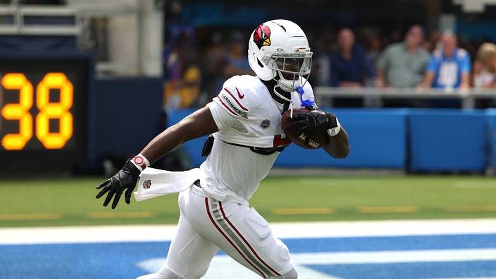Sep 13, 2026; Inglewood, California, USA;  Arizona Cardinals running back Jeremiyah Love (4) warms up prior to a game against the Los Angeles Chargers at SoFi Stadium.  Mandatory Credit: Kiyoshi Mio-Imagn Images