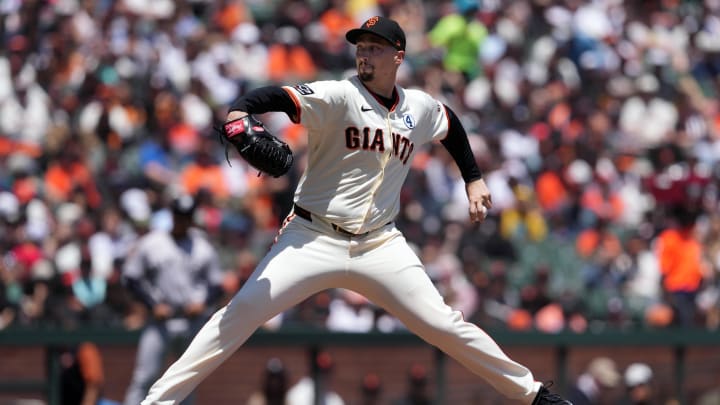 Jun 2, 2024; San Francisco, California, USA; San Francisco Giants starting pitcher Blake Snell (7) throws a pitch against the New York Yankees during the first inning at Oracle Park.