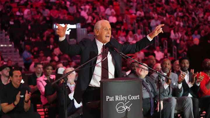 Oct 23, 2024; Miami, Florida, USA;  Miami Heat president Pat Riley addresses the crowd during the Pat Riley Court dedication ceremony at halftime at Kaseya Center. Mandatory Credit: Jim Rassol-Imagn Images