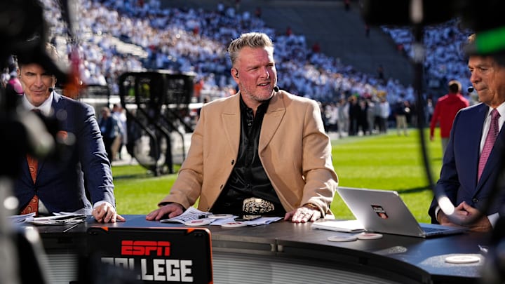 Pat McAfee sits on the ESPN College Gameday set prior to the NCAA football game between the Penn State Nittany Lions and the Ohio State Buckeyes at Beaver Stadium in University Park, Pa. on Saturday, Nov. 2, 2024.