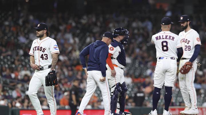 Houston Astros starting pitcher Lance McCullers Jr. (43) walks off the mound after a pitching change.