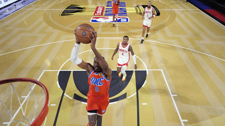 Dec 14, 2024; Las Vegas, Nevada, USA; Oklahoma City Thunder forward Jalen Williams (8) shoots against the Houston Rockets during the second half in a semifinal of the 2024 Emirates NBA Cup at T-Mobile Arena. Mandatory Credit: Kyle Terada/Pool Photo-Imagn Images Dec 14, 2024; Las Vegas, Nevada, USA; Oklahoma City Thunder forward Jalen Williams (8) shoots against the Houston Rockets during the second half in a semifinal of the 2024 Emirates NBA Cup at T-Mobile Arena. Mandatory Credit: Kyle Terada/Pool Photo-Imagn Images