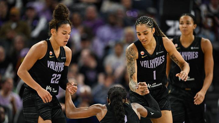 May 25, 2026; San Francisco, California, USA; Golden State Valkyries guard Veronica Burton (22) and forward Gabby Williams (1) help up guard Kaila Charles (6) against the Connecticut Sun in the second quarter at Chase Center. Mandatory Credit: Eakin Howard-Imagn Images May 25, 2026; San Francisco, California, USA; Golden State Valkyries guard Veronica Burton (22) and forward Gabby Williams (1) help up guard Kaila Charles (6) against the Connecticut Sun in the second quarter at Chase Center. Mandatory Credit: Eakin Howard-Imagn Images