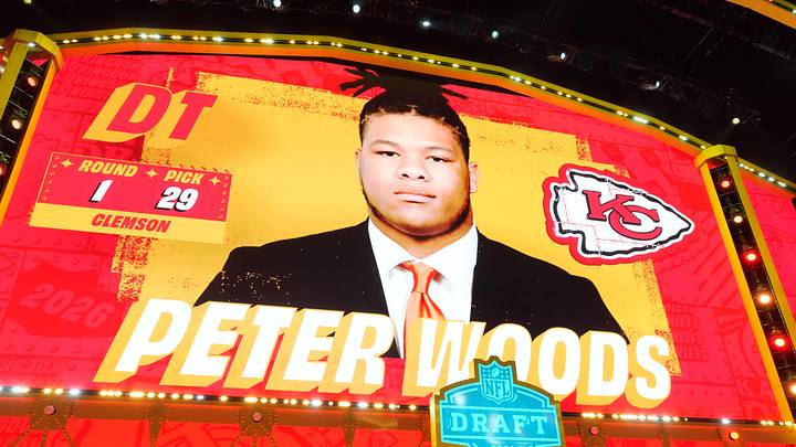 Apr 23, 2026; Pittsburgh, PA, USA; Clemson Tigers defensive tackle Peter Woods is selected by the Kansas City Chiefs as the number 29 pick during the 2026 NFL Draft at Acrisure Stadium. Mandatory Credit: Kirby Lee-Imagn Images Apr 23, 2026; Pittsburgh, PA, USA; Clemson Tigers defensive tackle Peter Woods is selected by the Kansas City Chiefs as the number 29 pick during the 2026 NFL Draft at Acrisure Stadium. Mandatory Credit: Kirby Lee-Imagn Images