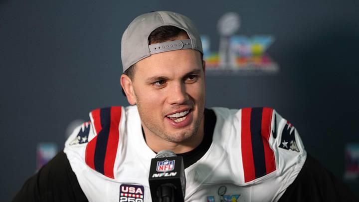 Feb 5, 2026; Santa Clara, CA, USA; New England Patriots tight end Hunter Henry (85) talks to media members at the Santa Clara Marriott. Mandatory Credit: Darren Yamashita-Imagn Images