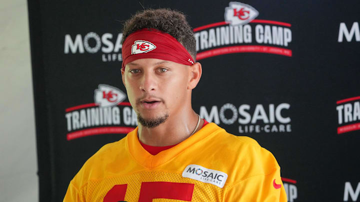 Jul 22, 2025; St. Joseph, MO, USA; Kansas City Chiefs quarterback Patrick Mahomes (15) speaks to media after training camp at Missouri Western State University. Mandatory Credit: Denny Medley-Imagn Images Jul 22, 2025; St. Joseph, MO, USA; Kansas City Chiefs quarterback Patrick Mahomes (15) speaks to media after training camp at Missouri Western State University. Mandatory Credit: Denny Medley-Imagn Images