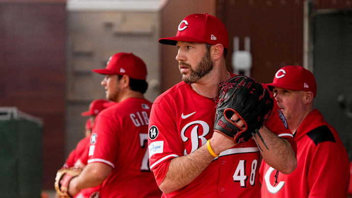 Cincinnati Reds pitcher Alex Young (48) throws a session at the Cincinnati Reds Player Development Complex in Goodyear, Ariz., on Wednesday, Feb. 12, 2025.