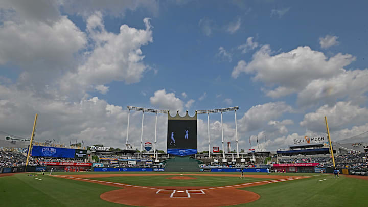 Jul 12, 2025; Kansas City, Missouri, USA; A general view of Kauffman Stadium before a game between the Kansas City Royals and New York Mets. Mandatory Credit: Peter Aiken-Imagn Images Jul 12, 2025; Kansas City, Missouri, USA; A general view of Kauffman Stadium before a game between the Kansas City Royals and New York Mets. Mandatory Credit: Peter Aiken-Imagn Images