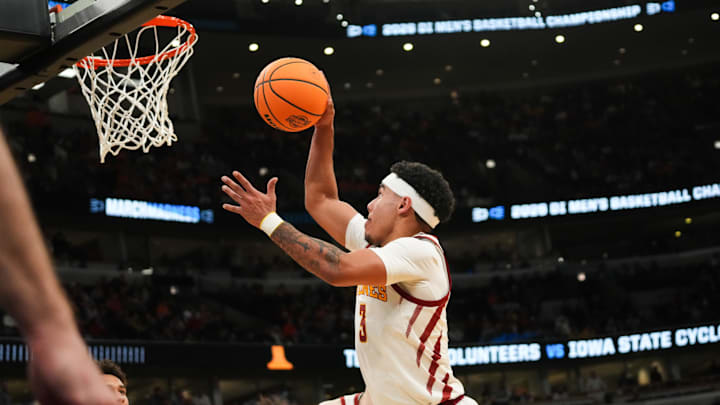 Mar 27, 2026; Chicago, IL, USA; Iowa State Cyclones guard Tamin Lipsey (3) shoots in the second half against the Tennessee Volunteers during a Sweet Sixteen game of the Midwest Regional of the men's 2026 NCAA Tournament at United Center. 