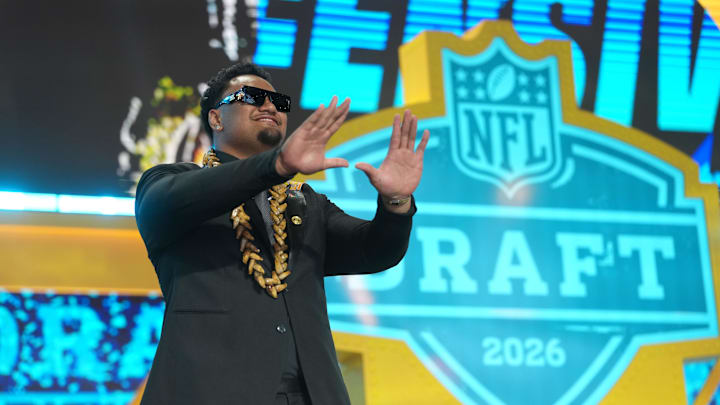 Apr 23, 2026; Pittsburgh, PA, USA; Miami Hurricanes lineman Francis Mauigoa is introduced before the 2026 NFL Draft at Acrisure Stadium. Mandatory Credit: Kirby Lee-Imagn Images
