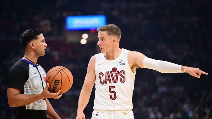 Oct 24, 2026; Cleveland, Ohio, USA; Cleveland Cavaliers guard Sam Merrill (5) argues a call with referee Suyash Mehta (47) during the first half against the Brooklyn Nets at Rocket Arena. Mandatory Credit: Ken Blaze-Imagn Images Oct 24, 2026; Cleveland, Ohio, USA; Cleveland Cavaliers guard Sam Merrill (5) argues a call with referee Suyash Mehta (47) during the first half against the Brooklyn Nets at Rocket Arena. Mandatory Credit: Ken Blaze-Imagn Images